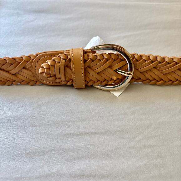 JCrew Woven Tan Leather Belt Womens L/XL Silver Buckle NWT - Picture 3 of 6